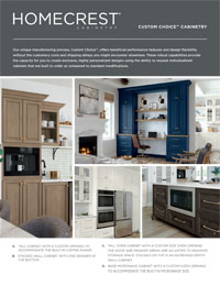 brochure cover with photo collage of different kitchen cabinetry styles including blue, dark brown, and natural cabinetry