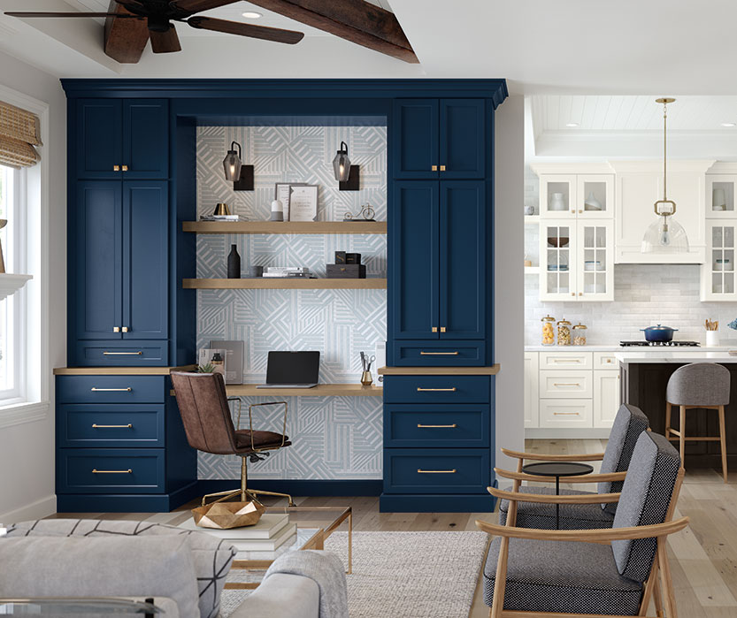 home office with dark blue cabinetry