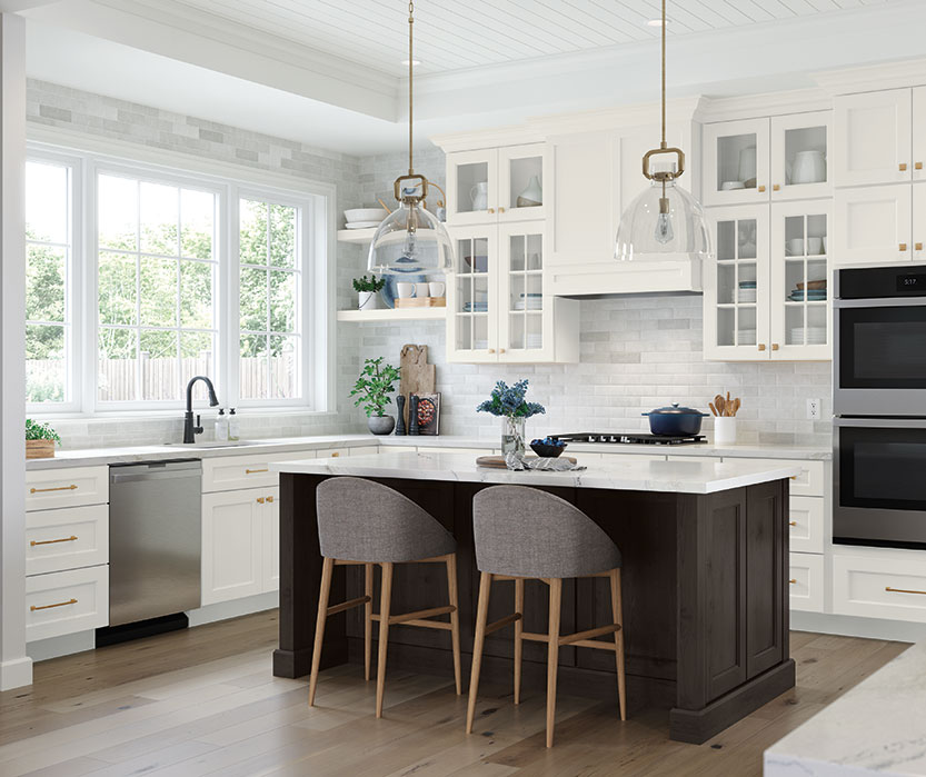 kitchen with mixed dark wood and white cabinetry