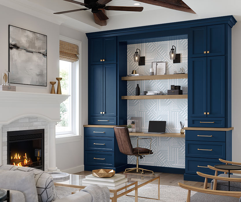 home office with dark blue cabinetry